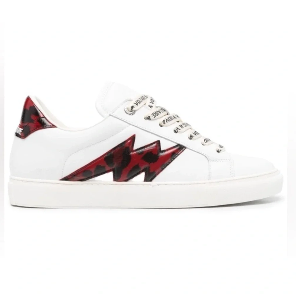 NIB Zadig & Voltaire La Flash Smooth Calfskin Sneakers 38 White Red Lightning 7